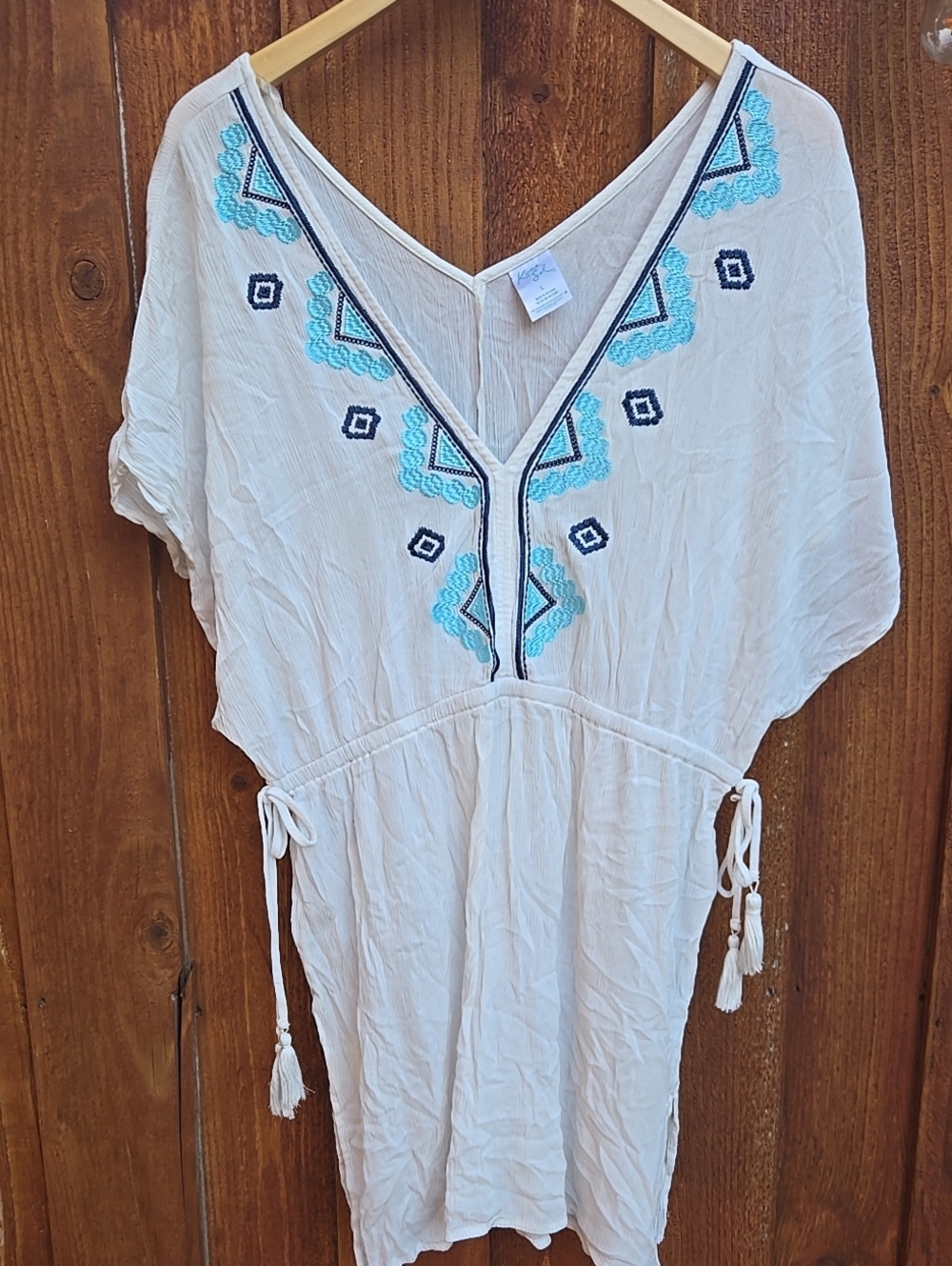 Kona Sol White Swim Cover-Up with Turquoise & Navy Embroidery